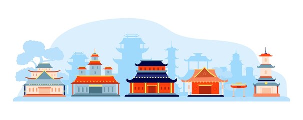 Chinese japanese buildings, temple and gates landscape. Tree, volcano and chinatown. Asia travel banner, oriental houses vector abstract background