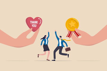 Employee appreciation, giving thank you or recognition award to best employees, gratitude or grateful support, thankful concept, businessman hand giving heart with thank you and reward to employees. - obrazy, fototapety, plakaty
