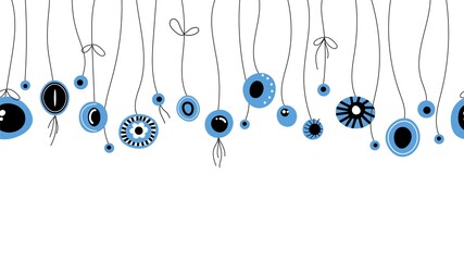 Hanging evil eye amulets seamless pattern. Greek mystic protection mascots. Blue black eye pendant turkish style. Fashion vector border print