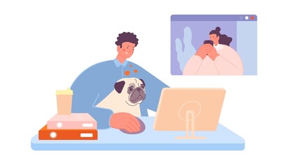 Internet call. Online dating, video chatting between man and woman. Cartoon guy with pug talk with girlfriend. Cute vector romantic or family dialog scene