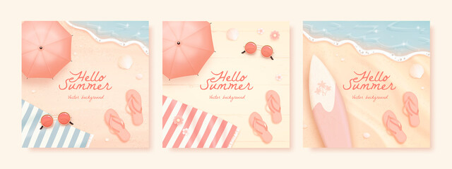 Set of beautiful square banner design template with realistic summer elements on a beach background. Vector illustration