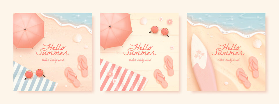 Set of beautiful square banner design template with realistic summer elements on a beach background. Vector illustration