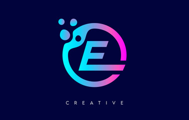 Letter E Logo with Dots and Bubbles inside a Circular Shape in Purple Neon Colors Vector