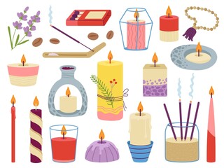 Meditation elements and candles. Candle clipart, home aromatherapy for relax. Aroma stick, yoga relaxation tools. Cozy lifestyle decent vector collection