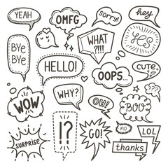 Doodle speech bubble. Cartoon comic shapes for text, cloud and explosion dialog element. Conversation stickers, hello hey marks neoteric vector kit