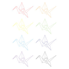 Set of origami crane vector rainbow colour illustration icon isolated on white background. Japanese traditional origami crane for infographic, website or app. Geometric shape for art of folded paper.