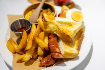 French fries sausages and toast