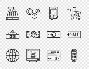 Set line Worldwide, Certificate template, Shopping cart on computer, Cash register machine, Crumpled paper money cash, Warranty certificate and Price tag text Sale icon. Vector