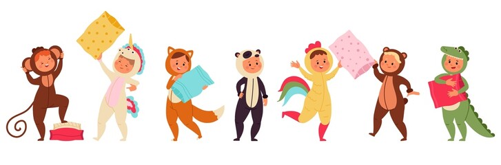 Pajama party. Children wear pajamas, animal costumes suits. Festival kids with pillows, sleep funny characters. Isolated happy friends decent vector set