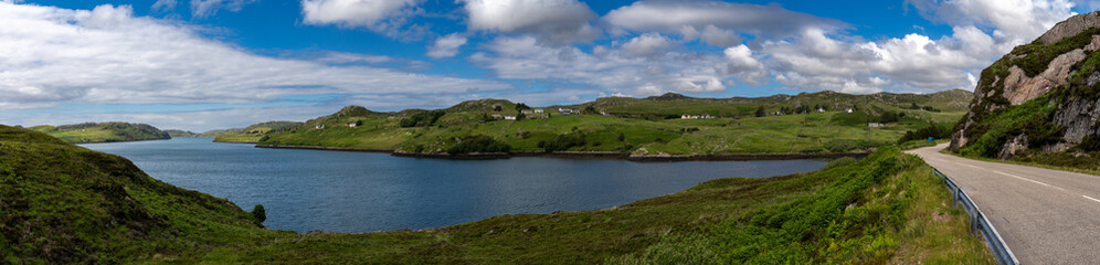 panorama view of Loch Inchard and the hamlet of Achriesgill in the Scottish Highlands