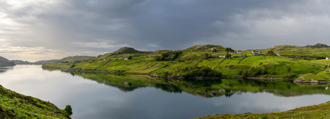 panorama view of Loch Inchard and the hamlet of Achriesgill in the Scottish Highlands in warm evening light - obrazy, fototapety, plakaty