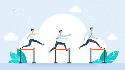 Businessman and businesswoman jumping over hurdles. Overcome obstacles. Manager jumping over ascending obstacles like hurdle race. Leadership overcoming difficulties. Business flat illustration. - obrazy, fototapety, plakaty