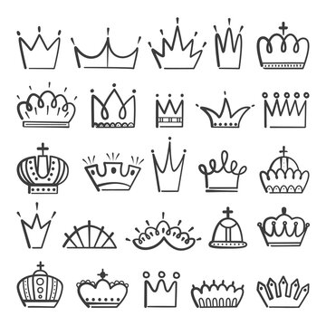 Isolated doodle crowns. Princess crown, prince king tiara. Business royal elements, isolated hand drawn queen line logo. Decorations girls head neoteric vector set