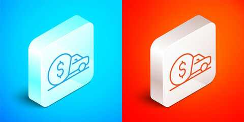 Isometric line Car rental icon isolated on blue and red background. Rent a car sign. Key with car. Concept for automobile repair service. Silver square button. Vector