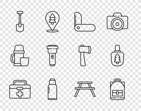 Set line First aid kit, Hiking backpack, Swiss army knife, Canteen water bottle, Shovel, Flashlight, Picnic table with benches and icon. Vector