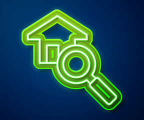 Glowing neon line Search house icon isolated on blue background. Real estate symbol of a house under magnifying glass. Vector
