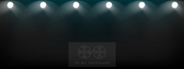 Cinema show horror background. Lights, spotlights shine in darkness. Media service, online tv poster. To be continued vector banner