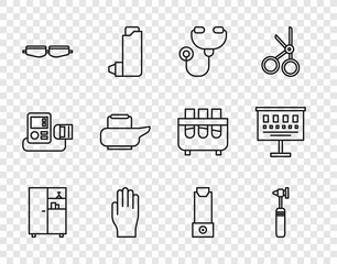 Set line Medicine cabinet, Medical otoscope tool, Stethoscope, rubber gloves, Safety goggle glasses, Bedpan, Inhaler and Eye test chart icon. Vector