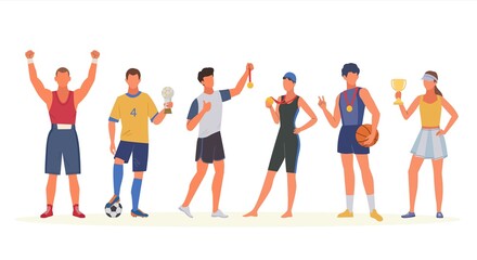 Obraz premium sport winners. group of athletes holding golden trophy cups and medals for winning olympic games. Vector happy people