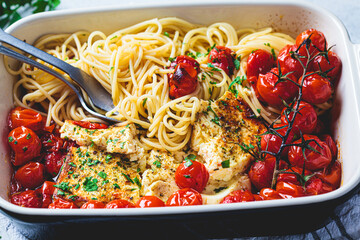 Baked feta cheese with tomato and spaghetti pasta in dish. Trendy homemade recipe.