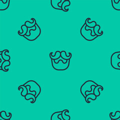 Blue line Mustache and beard icon isolated seamless pattern on green background. Barbershop symbol. Facial hair style. Vector
