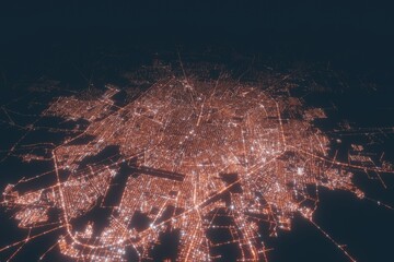 Merida aerial view at night. Top view on modern city with street lights