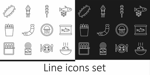 Set line Puffer fish soup, Canned, Takoyaki on stick, Shrimp, Fishing bucket with fishes, Sea cucumber, Jellyfish plate and Octopus icon. Vector