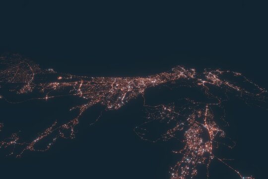 Mascat aerial view at night. Top view on modern city with street lights