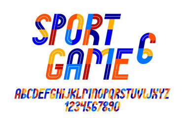 Sport game font, vector retro trendy geometric alphabet letters set, italic speed typeface, numbers included, 90s style logo creation.