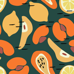 Vector seamless pattern with pear, lemon, papaya and  apricot fruits