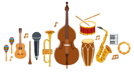 Jazz music band concept different instruments vector flat illustration isolated on white background, live sound festival or concert, musician different instruments set. © Sylverarts