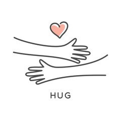 hug symbol. Hands hugs simple vector illustration with heart love symbol icon in line outline style vector design. Hands hugged over white vector illustration. 