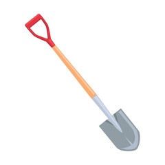 Garden shovel tool illustration in cartoon style. Bright gardening equipment, rake or shovel and lawnmower, farm or rural instrument on white