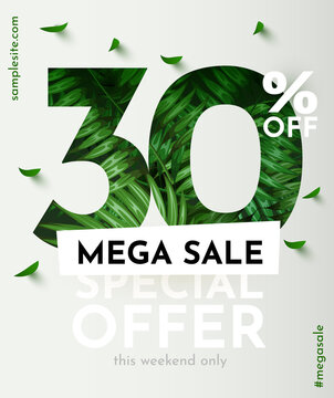 30 percent Off. Discount creative composition. Summer sale banner with decorative objects, palm leaves and gift box. Sale banner and poster.