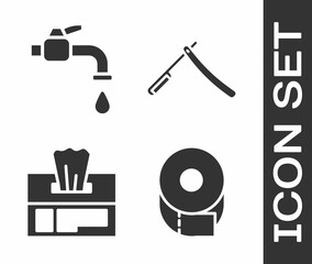Set Toilet paper roll, Water tap, Wet wipe pack and Straight razor icon. Vector