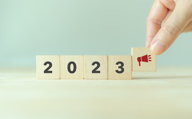 2023 marketing plan concept. Marketing strategies and advertising campaigns. Storytelling and digital marketing. Lead generation, customer engagement, conversion, advocacy. Marketing communication.