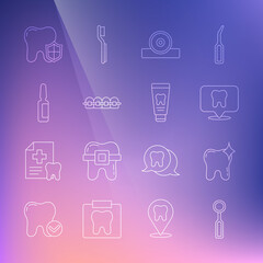 Set line Dental inspection mirror, Tooth whitening, clinic location, Otolaryngological head reflector, Teeth with braces, Painkiller tablet, protection and Tube of toothpaste icon. Vector