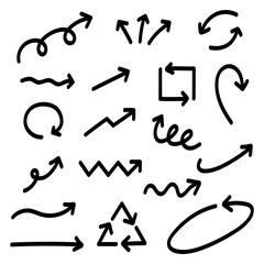 Icon set of hand drawn arrows. Doodle vector illustration.