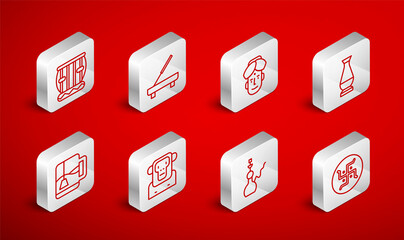 Set line Hindu swastika, Scented spa stick, Indian man, vase, Hookah, Instrument tabla, Monkey and Cup of tea with tea bag icon. Vector