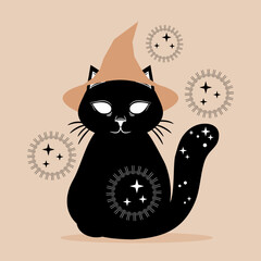 Black magic witch cat with stars boho on brown background flat vector design.