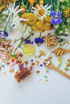 Homeopathy and dietary supplements from medicinal herbs. Selective focus.