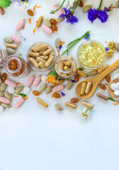 Homeopathy and dietary supplements from medicinal herbs. Selective focus.