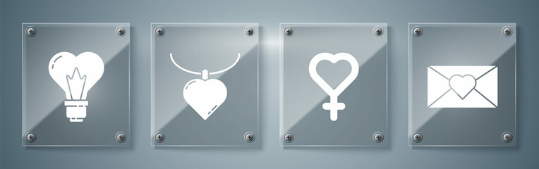 Set Envelope with 8 March, Female gender symbol, Necklace with heart shaped pendant and Heart shape in a light bulb. Square glass panels. Vector