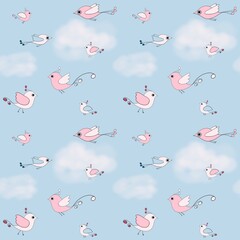 cute, delicate drawing of a bird in the sky in pink and blue tones, an endless background for fashionable design of textile fabrics for babies and newborns or web wallpapers