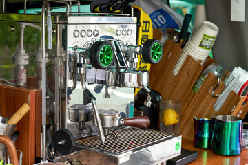 Close-up of coffee brewing machine in a coffee shop