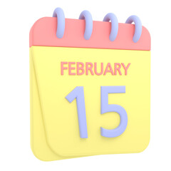 15th February 3D calendar icon. Web style. High resolution image. White background