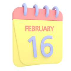 16th February 3D calendar icon. Web style. High resolution image. White background