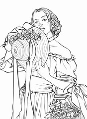 Young beautiful girl with long hair in vintage clothes. Outline hand drawing coloring page for adult coloring book. Stock line vector illustration. Outline drawing