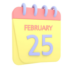 25th February 3D calendar icon. Web style. High resolution image. White background