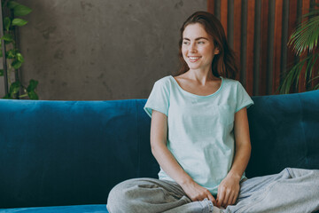 Full body young happy minded cheerful calm fun cool caucasian woman she 20s wearing casual clothes...